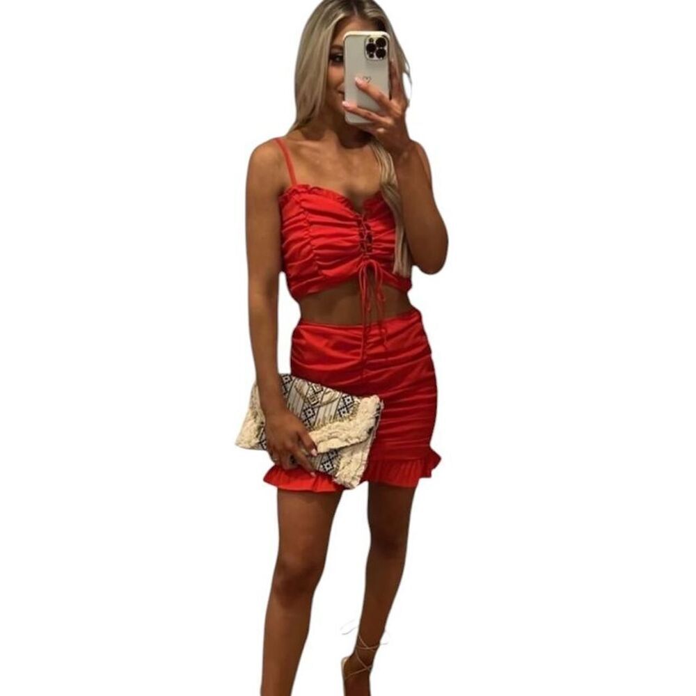 Day + Moon Lyla Ruched Skirt Set-Red